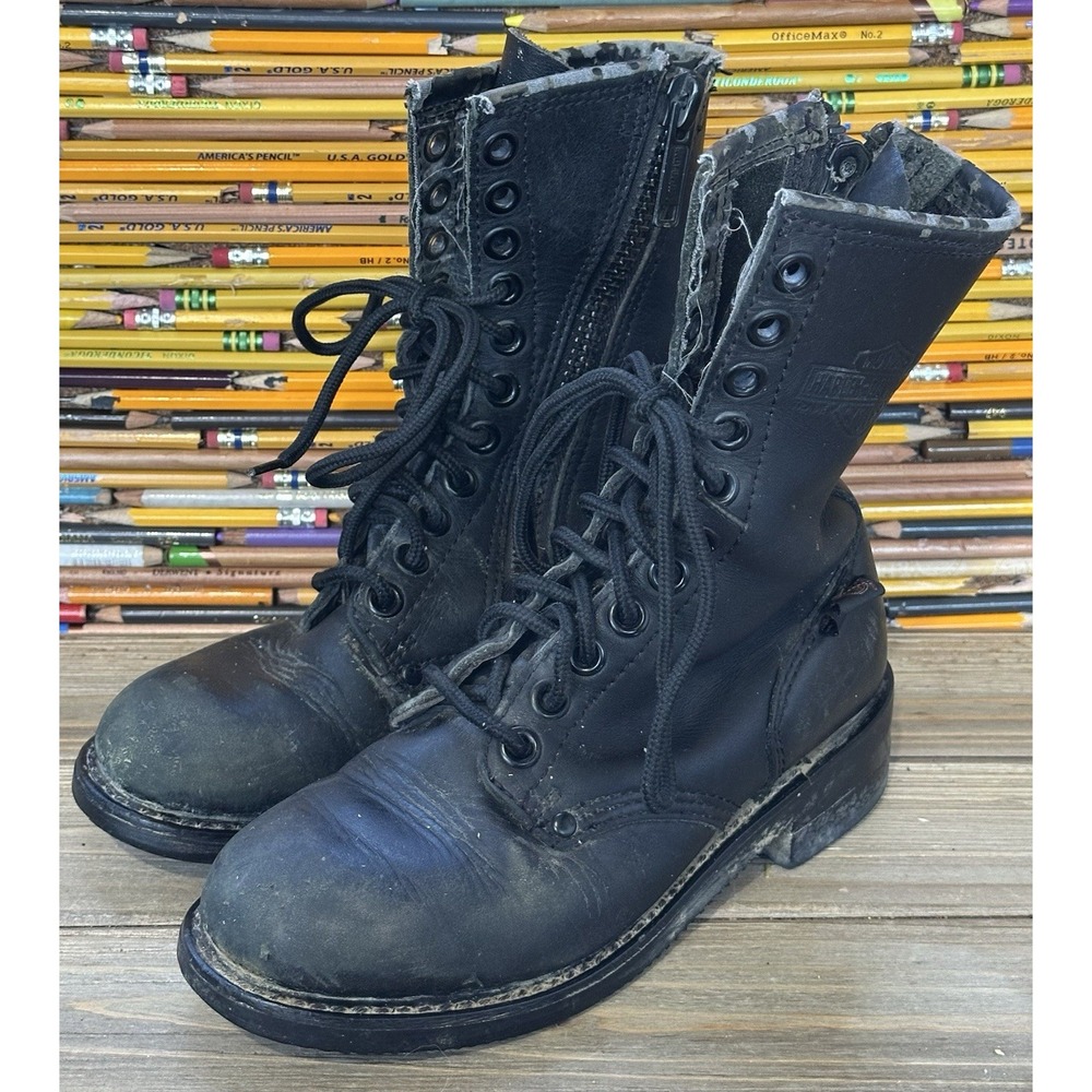 Harley Davidson Combat MOTO Boots VTG Distressed Grunge Punk Black Leather Sz. 7